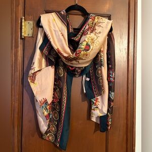 Vintage Hermes Silk Shawl with Horse and Carriage Print -70x35”